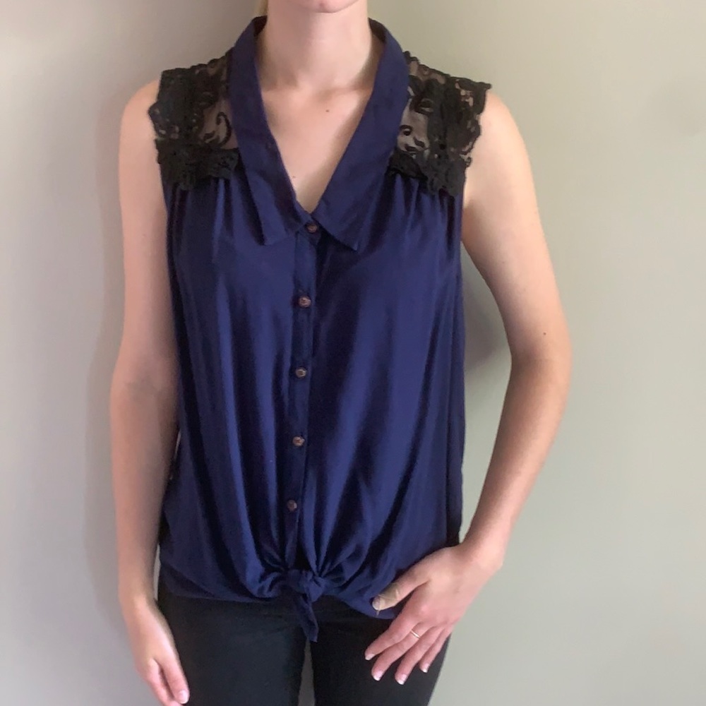 Navy tie top with crochet knit back detailing